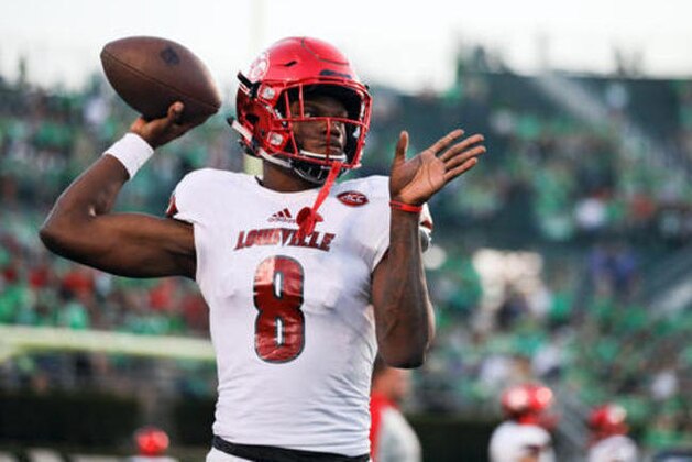 FILE - In this Saturday, Sept. 24, 2016, file photo, Louisville quarterback Lamar Jackson (8) warms up before an NCAA college football game against Marshall in Huntington, W. Va. Another Atlantic Division showdown, this time between No. 3 Louisville and No. 5 Clemson, plus a matchup of Wake Forest’s defense and NC State’s efficient offense and Syracuse’s chance to upset Notre Dame headline Week 5 in the Atlantic Coast Conference. (AP Photo/Walter Scriptunas II, File