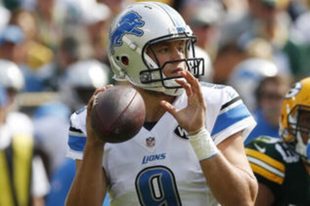 FILE - In this Sept. 25, 2016, file photo, Detroit Lions' Matthew Stafford throws during the first half of an NFL football game against the Green Bay Packers in Green Bay, Wis. The Chicago Bears have not won a game this season, and they have not beaten the Detroit Lions in four years. One victory would end two slides. (AP Photo/Mike Roemer, File)