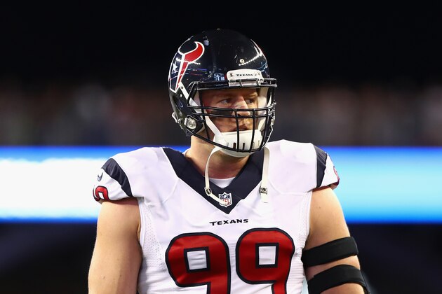 FOXBORO, MA - SEPTEMBER 22:  J.J. Watt #99 of the Houston Texans looks on before the game against the New England Patriots at Gillette Stadium on September 22, 2016 in Foxboro, Massachusetts.  (Photo by Tim Bradbury/Getty Images)