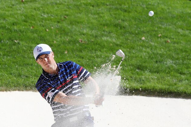 CHASKA, MN - SEPTEMBER 29:  Jordan Spieth of the United States hits out of a bunker during practice prior to the 2016 Ryder Cup at Hazeltine National Golf Club on September 29, 2016 in Chaska, Minnesota.  (Photo by Sam Greenwood/Getty Images)