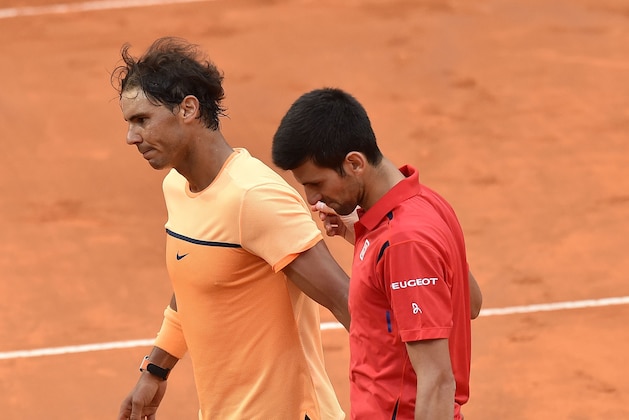 ROME, ITALY - MAY 13:  Novak Djokovic of Serbia and  Rafael Nadal of Spain after the match during day six of the The Internazionali BNL d'Italia 2016  on May 13, 2016 in Rome, Italy.  (Photo by Giuseppe Bellini/Getty Images)