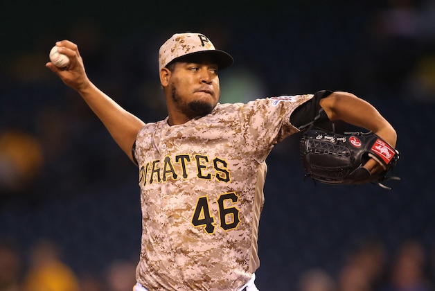Sep 29, 2016; Pittsburgh, PA, USA;  Pittsburgh Pirates starting pitcher Ivan Nova (46) delivers a pitch against the Chicago Cubs during the first inning at PNC Park. Mandatory Credit: Charles LeClaire-USA TODAY Sports