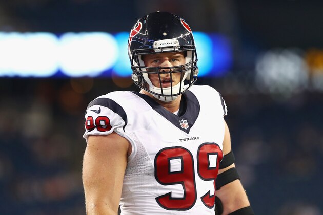 FOXBORO, MA - SEPTEMBER 22:  J.J. Watt #99 of the Houston Texans looks on before the game against the New England Patriots at Gillette Stadium on September 22, 2016 in Foxboro, Massachusetts.  (Photo by Tim Bradbury/Getty Images)