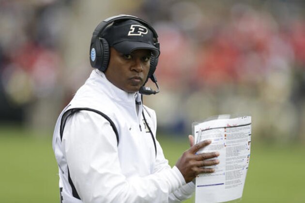 FILE - In this Oct. 31, 2015, file photo Purdue coach Darrell Hazell stands on the sideline during the team's NCAA college football game against Nebraska in West Lafayette, Ind. Purdue faces Maryland on Saturday, Oct. 1, 2016.  (AP Photo/Michael Conroy, File)