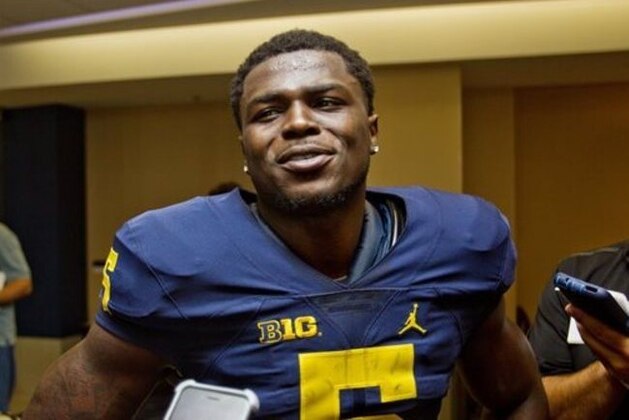 Michigan safety Jabrill Peppers speaks to reporters during the NCAA college football team's preseason media day at Michigan Stadium in Ann Arbor, Mich., Sunday, Aug. 7, 2016. (AP Photo/Tony Ding)
