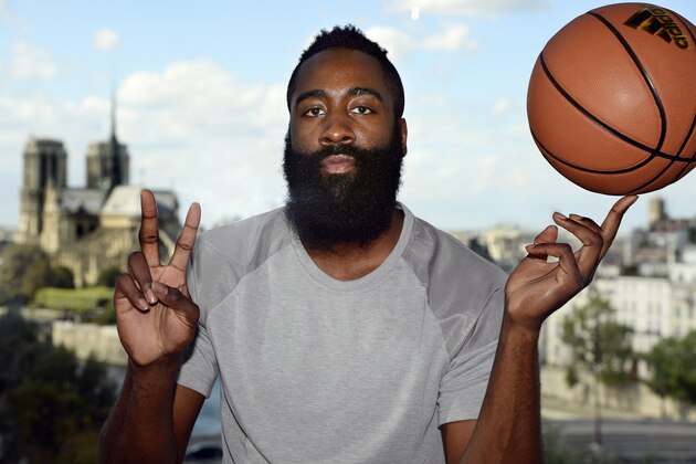 USA's NBA basketball player James Harden poses after a press conference on August 20, 2016 in Paris.  / AFP / BERTRAND GUAY        (Photo credit should read BERTRAND GUAY/AFP/Getty Images)