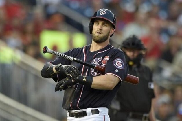 Washington Nationals' Bryce Harper adjusts his gloves during a baseball game against the San Francisco Giants, Friday, Aug. 5, 2016, in Washington. (AP Photo/Nick Wass)