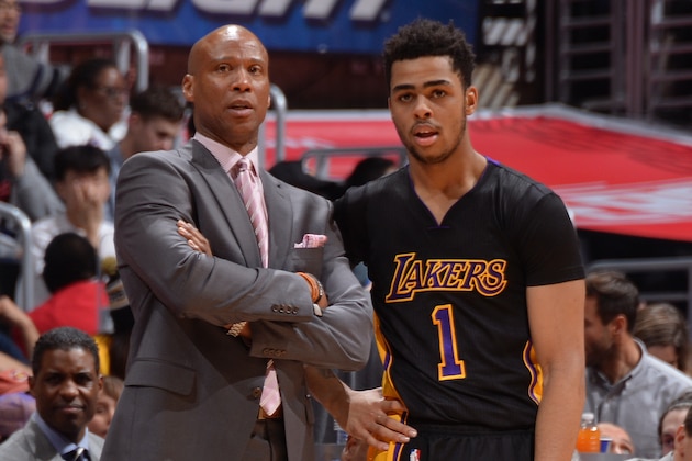 LOS ANGELES, CA - JANUARY 29:  Byron Scott and D'Angelo Russell #1 of the Los Angeles Lakers talk during the game against the Los Angeles Clippers on January 29, 2016 at STAPLES Center in Los Angeles, California. NOTE TO USER: User expressly acknowledges and agrees that, by downloading and/or using this Photograph, user is consenting to the terms and conditions of the Getty Images License Agreement. Mandatory Copyright Notice: Copyright 2016 NBAE (Photo by Andrew D. Bernstein/NBAE via Getty Images)