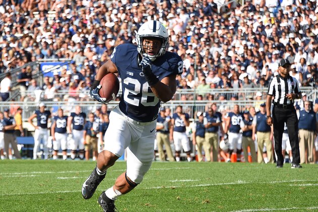 STATE COLLEGE, PA - SEPTEMBER 3:  Saquon Barkley #26 of the Penn State Nittany Lions in action during the game against the Kent State Golden Flashes at Beaver Stadium on September 3, 2016 in State College, Pennsylvania.  (Photo by Joe Sargent/Getty Images) *** Local Caption ***