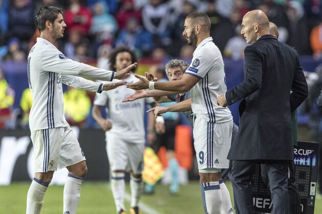 TRONDHEIM, NORWAY - AUGUST 09: Alvaro Morata, Marcelo, Karim Benzema, Zinedine Zidane of Real Madrid during theUEFA Super Cup match between Real Madrid and Sevilla at the Lerkendal Stadion on August 9, 2016 in Trondheim, Norway. (Photo by Trond Tandberg/Getty Images)