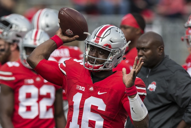 Oct 1, 2016; Columbus, OH, USA; Ohio State Buckeyes quarterback J.T. Barrett (16) warms up before the game against the Rutgers Scarlet Knights at Ohio Stadium. Mandatory Credit: Greg Bartram-USA TODAY Sports
