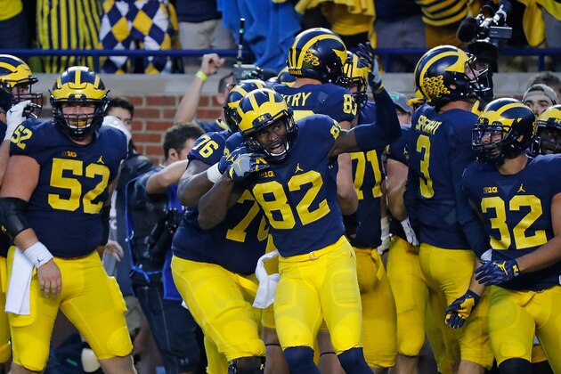 ANN ARBOR, MI - OCTOBER 01: Amara Darboh #82 of the Michigan Wolverines celebrates after scoring a fourth quarter touchdown during the game against the Wisconsin Badgers at Michigan Stadium on October 1, 2016 in Ann Arbor, Michigan. (Photo by Leon Halip/Getty Images)
