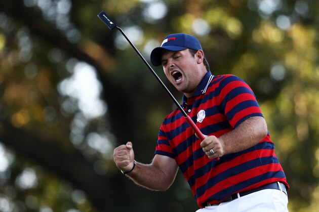 CHASKA, MN - OCTOBER 01:  Patrick Reed of the United States reacts on the 14th green during afternoon fourball matches of the 2016 Ryder Cup at Hazeltine National Golf Club on October 1, 2016 in Chaska, Minnesota.  (Photo by Sam Greenwood/Getty Images)