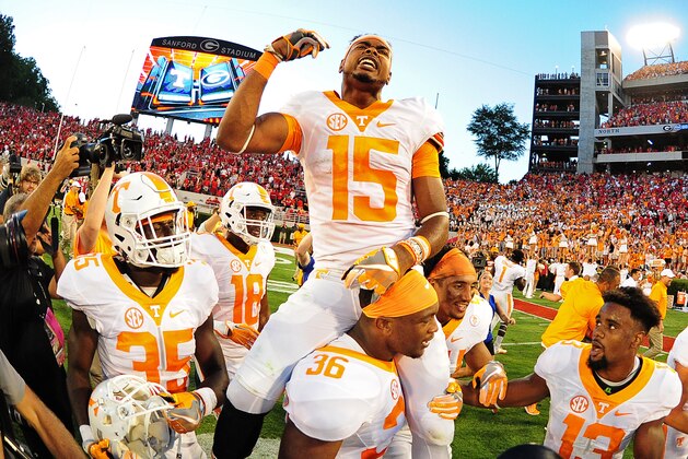 ATHENS, GA - OCTOBER 1: Jauan Jennings #15 of the Tennessee Volunteers rides the shoulders of Gavin Bryant #36 after making the game winning catch against the Georgia Bulldogs at Sanford Stadium on October 1, 2016 in Athens, Georgia. (Photo by Scott Cunningham/Getty Images)