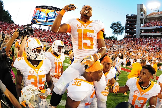 ATHENS, GA - OCTOBER 1: Jauan Jennings #15 of the Tennessee Volunteers rides the shoulders of Gavin Bryant #36 after making the game winning catch against the Georgia Bulldogs at Sanford Stadium on October 1, 2016 in Athens, Georgia. (Photo by Scott Cunningham/Getty Images)