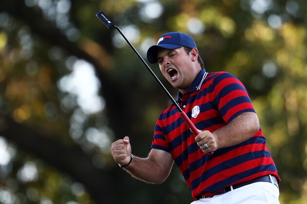 CHASKA, MN - OCTOBER 01:  Patrick Reed of the United States reacts on the 14th green during afternoon fourball matches of the 2016 Ryder Cup at Hazeltine National Golf Club on October 1, 2016 in Chaska, Minnesota.  (Photo by Sam Greenwood/Getty Images)