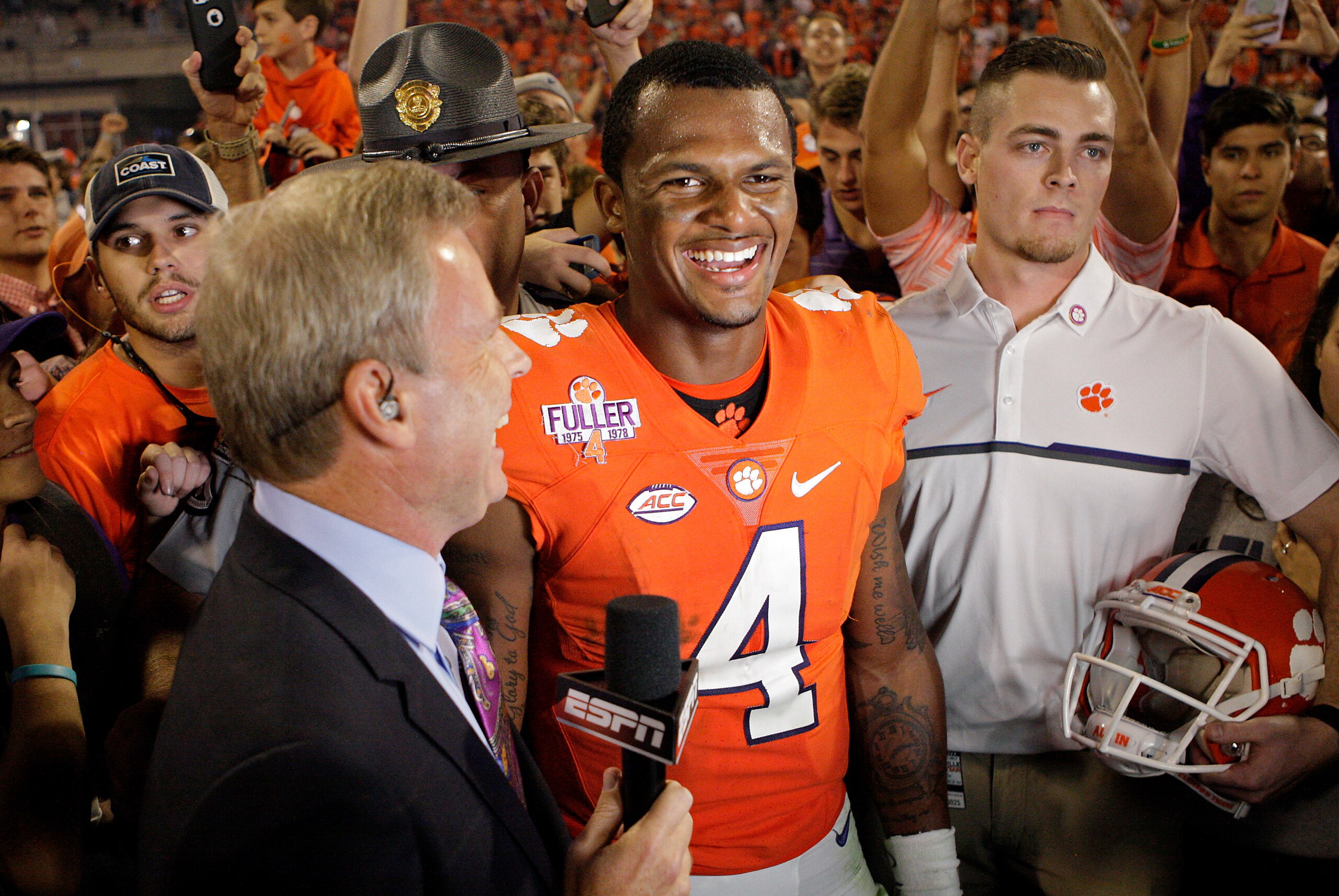 CLEMSON, SC - OCTOBER 01: Deshaun Watson #4 of the Clemson Tigers is interviewed by ESPN after his teams victory over the Louisville Cardinals at Memorial Stadium on October 1, 2016 in Clemson, South Carolina. The Clemson Tigers defeated the Louisville Cardinals 42-36.  (Photo by Tyler Smith/Getty Images)