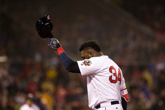 BOSTON, MA - OCTOBER 1: David Ortiz #34 of the Boston Red Sox tips his helmet to the crowd after he singled as he exits the game during the fifth inning against the Toronto Blue Jays at Fenway Park on October 1, 2016 in Boston, Massachusetts. (Photo by Rich Gagnon/Getty Images)