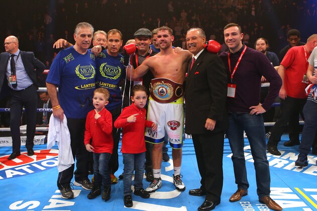 MANCHESTER, ENGLAND - DECEMBER 19: Billy Joe Saunders celebrates beating Andy Lee during their WBO World Middleweight title fight at the Manchester Arena on December 19, 2015 in Manchester, England. (Photo by Dave Thompson/Getty Images)