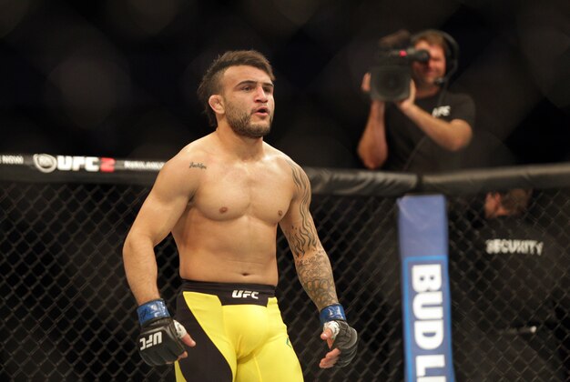 Jul 13, 2016; Sioux Falls, SD, USA; John Lineker reacts after his fight against Michael McDonald  during UFC Fight Night at Denny Sanford Premier Center. Mandatory Credit: Brad Rempel-USA TODAY Sports
