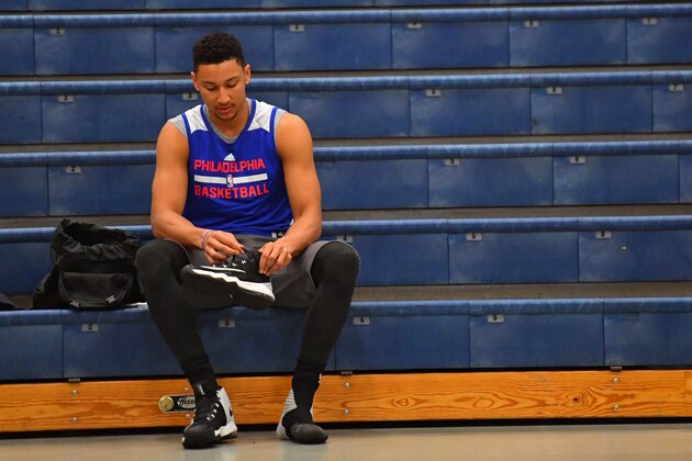 STOCKTON, NJ - SEPTEMBER 27:  Ben Simmons #25 of the Philadelphia 76ers puts his shoes on before practice at Stockton University on September 27, 2016 in Camden, New Jersey. NOTE TO USER: User expressly acknowledges and agrees that, by downloading and/or using this Photograph, user is consenting to the terms and conditions of the Getty Images License Agreement. Mandatory Copyright Notice: Copyright 2016 NBAE (Photo by Jesse D. Garrabrant NBAE via Getty Images)
