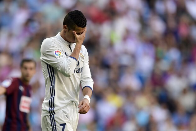 Real Madrid's Portuguese forward Cristiano Ronaldo gestures during the Spanish league football match Real Madrid CF vs SD Eibar at the Santiago Bernabeu stadium in Madrid on October 2, 2016. / AFP / JAVIER SORIANO        (Photo credit should read JAVIER SORIANO/AFP/Getty Images)