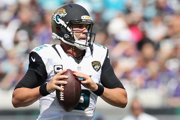 JACKSONVILLE, FL - SEPTEMBER 25:   Blake Bortles #5 of the Jacksonville Jaguars looks for a pass during the game against the Baltimore Ravens  at EverBank Field on September 25, 2016 in Jacksonville, Florida.  (Photo by Maddie Meyer/Getty Images)