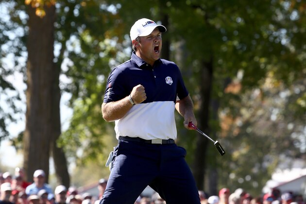 CHASKA, MN - OCTOBER 02:  Patrick Reed of the United States reacts on the 12th green during singles matches of the 2016 Ryder Cup at Hazeltine National Golf Club on October 2, 2016 in Chaska, Minnesota.  (Photo by Sam Greenwood/Getty Images)