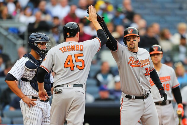 NEW YORK, NY - OCTOBER 02:  Matt Wieters #32 of the Baltimore Orioles is greeted by Mark Trumbo #45 after connecting on a two-run home run in the fourth inning against the New York Yankees at Yankee Stadium on October 2, 2016 in the Bronx borough of New York City.  (Photo by Mike Stobe/Getty Images)