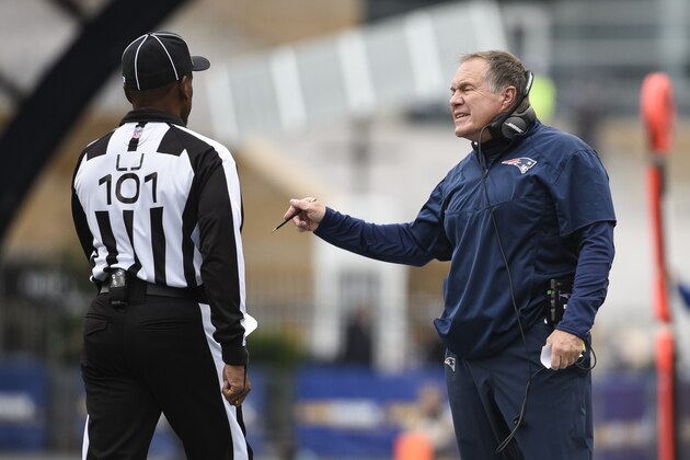 FOXBORO, MA - OCTOBER 2: Bill Belichick, head coach of the New England Patriots, reacts to a penalty in the first quarter against the Buffalo Bills at Gillette Stadium on October 2, 2016 in Foxboro, Massachusetts.  (Photo by Kevin Sabitus/Getty Images)