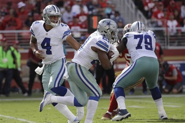 Dallas Cowboys quarterback Dak Prescott (4) hands off to running back Ezekiel Elliott during the second half of an NFL football game against the San Francisco 49ers in Santa Clara, Calif., Sunday, Oct. 2, 2016. (AP Photo/Marcio Jose Sanchez)