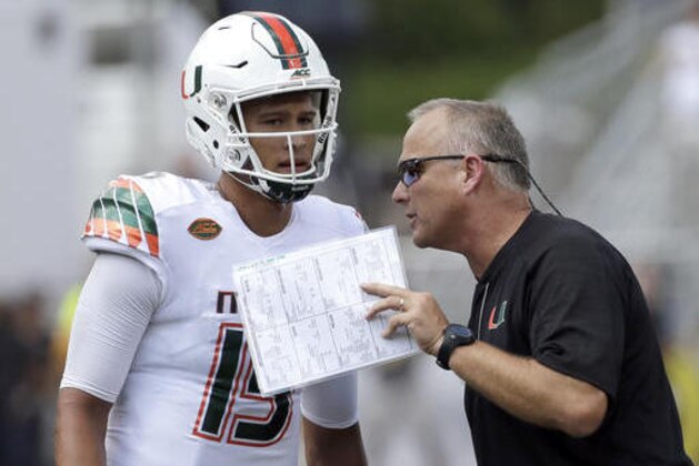 FILE - In this Sept. 17, 2016, file photo, Miami head coach Mark Richt, right, talks with quarterback Brad Kaaya (15) during the second half of an NCAA college football game against Appalachian State in Boone, N.C. Richt was 8-0 when his Georgia teams visited Georgia Tech, and No. 14 Miami hopes to keep his record as a head coach there unbeaten on Saturday.  (AP Photo/Chuck Burton, File)