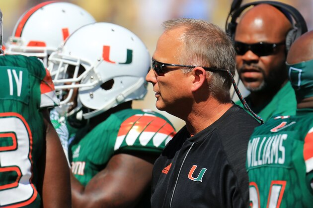 ATLANTA, GA - OCTOBER 01: Head coach Mark Richt of the Miami Hurricanes talks in the huddle during the first half against the Georgia Tech Yellow Jackets at Bobby Dodd Stadium on October 1, 2016 in Atlanta, Georgia. (Photo by Daniel Shirey/Getty Images)
