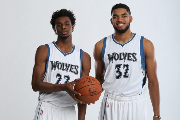 MINNEAPOLIS, MN - SEPTEMBER 26: Andrew Wiggins #22 of the Minnesota Timberwolves and Karl-Anthony Towns #32 of the Minnesota Timberwolves pose for a portrait during the 2016 -2017 Minnesota Timberwolves Media Day on September 26, 2016 at Target Center in Minneapolis, Minnesota. NOTE TO USER: User expressly acknowledges and agrees that, by downloading and or using this photograph, User is consenting to the terms and conditions of the Getty Images License Agreement. Mandatory Copyright Notice: Copyright 2016 NBAE (Photo by David Sherman/NBAE via Getty Images)
