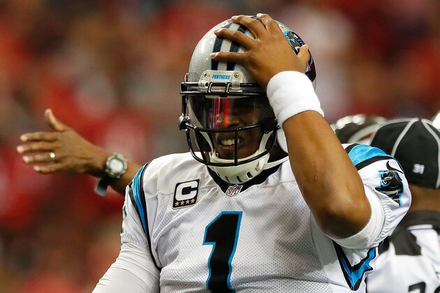 ATLANTA, GA - OCTOBER 02:  Cam Newton #1 of the Carolina Panthers reacts after being flagged with a taunting penalty against the Atlanta Falcons at Georgia Dome on October 2, 2016 in Atlanta, Georgia.  (Photo by Kevin C. Cox/Getty Images)