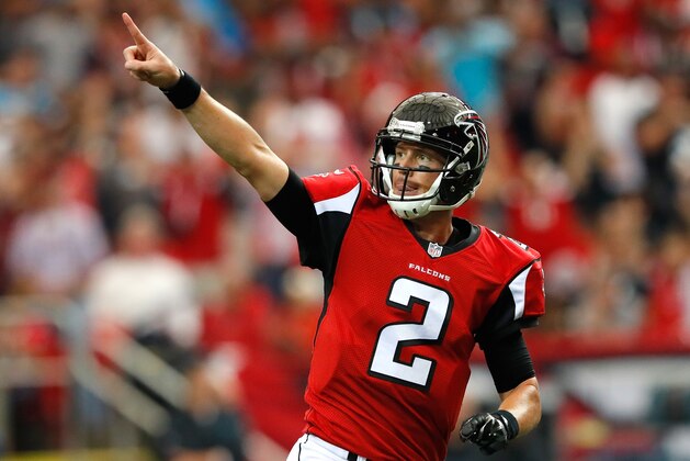 ATLANTA, GA - OCTOBER 02:  Matt Ryan #2 of the Atlanta Falcons reacts after passing for a touchdown to Aldrick Robinson #19 against the Carolina Panthers at Georgia Dome on October 2, 2016 in Atlanta, Georgia.  (Photo by Kevin C. Cox/Getty Images)