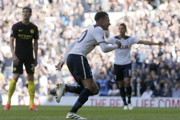 Tottenham Hotspur’s Dele Alli turns away after he scores his sides 2nd goal of the game during the Premier League soccer match between Tottenham Hotspur and Manchester City at White Hart Lane stadium in London, Sunday, Oct. 2, 2016. (AP Photo/Frank Augstein)