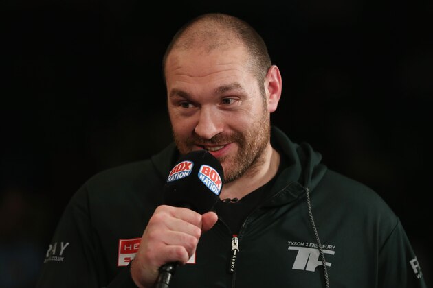 LONDON, ENGLAND - APRIL 30:  Heaveyweight Champion Tyson Fury is interviewed ahead of the vacant WBO Intercontinental Heavyweight Championship contest between Hughie Fury and Fred Kassi at Copper Box Arena on April 30, 2016 in London, England.  (Photo by Alex Morton/Getty Images)