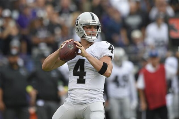 Oakland Raiders quarterback Derek Carr throws to a receiver in the first half of an NFL football game against the Baltimore Ravens, Sunday, Oct. 2, 2016, in Baltimore. (AP Photo/Nick Wass)