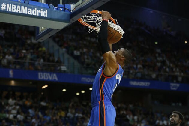 Oklahoma City Thunder guard Russell Westbrook dunks during a NBA Global Games basketball match between Real Madrid and Oklahoma City Thunder in Madrid, Spain Monday Oct. 3, 2016. (AP Photo/Daniel Ochoa de Olza)