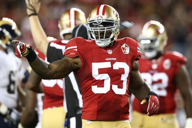 SANTA CLARA, CA - SEPTEMBER 12:  NaVorro Bowman #53 of the San Francisco 49ers reacts after a play against the Los Angeles Rams during their NFL game at Levi's Stadium on September 12, 2016 in Santa Clara, California.  (Photo by Ezra Shaw/Getty Images)