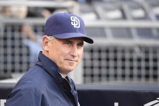 SAN DIEGO, CA - MAY 28: Bud Black #20 of the San Diego Padres sits in the dugout before a baseball game against the Pittsburgh Pirates at Petco Park May 28, 2015 in San Diego, California. (Photo by Denis Poroy/Getty Images)