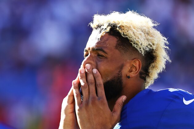 EAST RUTHERFORD, NJ - SEPTEMBER 25:  Odell Beckham #13 of the New York Giants looks on in the fourth Quarter against the Washington Redskins during their game at MetLife Stadium on September 25, 2016 in East Rutherford, New Jersey.  (Photo by Al Bello/Getty Images)