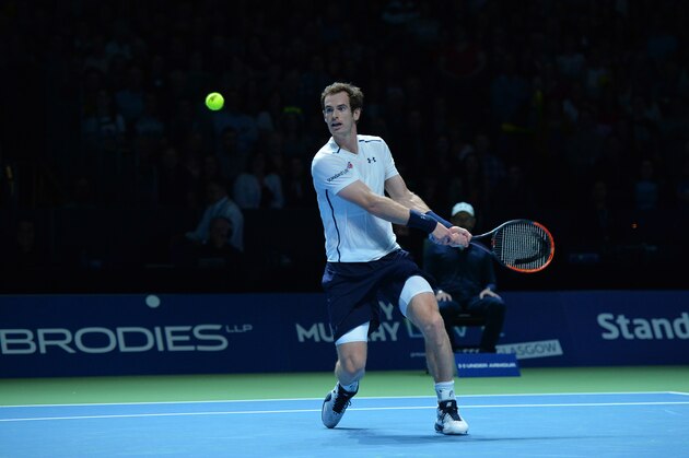 GLASGOW, SCOTLAND - SEPTEMBER 21: Andy Murray of Scotland in action against Grigor Dimitrov of Bulgaria during Andy Murray Live presented by SSE at the SSE Hydro on September 21, 2016 in Glasgow, Scotland. (Photo by Mark Runnacles/Getty Images for Andy Murray Live)