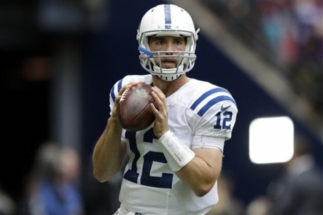 Indianapolis Colts quarterback Andrew Luck (12) warms up before an NFL football game between the Jacksonville Jaguars and the Indianapolis Colts at Wembley stadium in London, Sunday Oct. 2, 2016. (AP Photo/Matt Dunham)