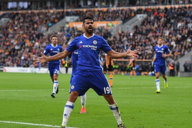 HULL, ENGLAND - OCTOBER 01:  Diego Costa of Chelsea celebrates scoring his sides second goal during the Premier League match between Hull City and Chelsea at KC Stadium on October 1, 2016 in Hull, England.  (Photo by Shaun Botterill/Getty Images)