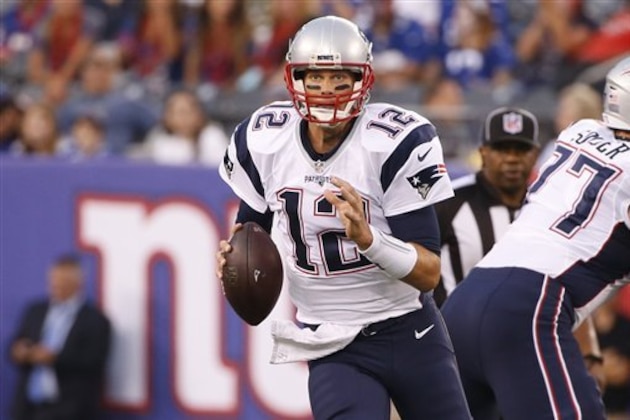 New England Patriots quarterback Tom Brady (12) looks to pass during the first half of a preseason NFL football game against the New York Giants Thursday, Sept. 1, 2016, in East Rutherford.  (AP Photo/Kathy Willens)
