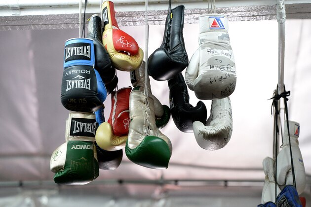 Feb 18, 2015; Glendale, CA, USA;  Boxing gloves hang from the rafters at the Glendale Fighting Clue, home gym for UFC champion Ronda Rousey. Mandatory Credit: Jayne Kamin-Oncea-USA TODAY Sports