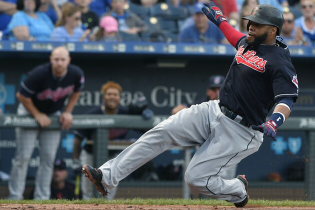 KANSAS CITY, MO - OCTOBER 2: Carlos Santana #41 of the Cleveland Indians scores on a Francisco Lindor #12 sacrifice fly in the eighth inning against the Kansas City Royals at Kauffman Stadium on October 2, 2016 in Kansas City, Missouri. (Photo by Ed Zurga/Getty Images) KANSAS CITY, MO - OCTOBER 2: Carlos Santana #41 of the Cleveland Indians scores on a Francisco Lindor #12 sacrifice fly in the eighth inning against the Kansas City Royals at Kauffman Stadium on October 2, 2016 in Kansas City, Missouri. (Photo by Ed Zurga/Getty Images)