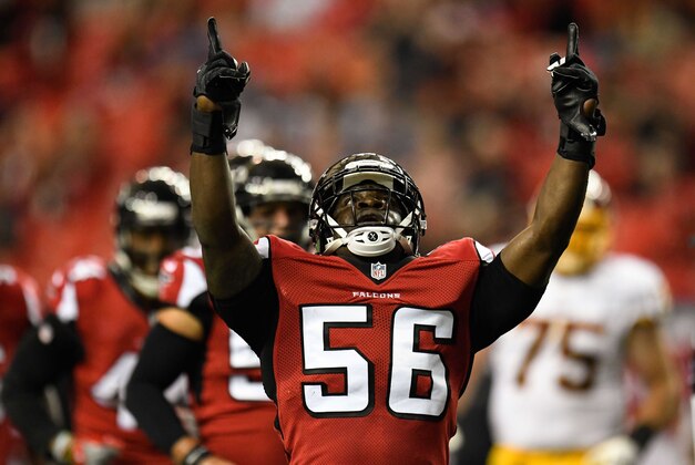 Aug 11, 2016; Atlanta, GA, USA;  Atlanta Falcons linebacker Sean Weatherspoon (56) reacts after tackling Washington Redskins running back Matt Jones (not shown) during the first quarter at the Georgia Dome. Mandatory Credit: Dale Zanine-USA TODAY Sports
